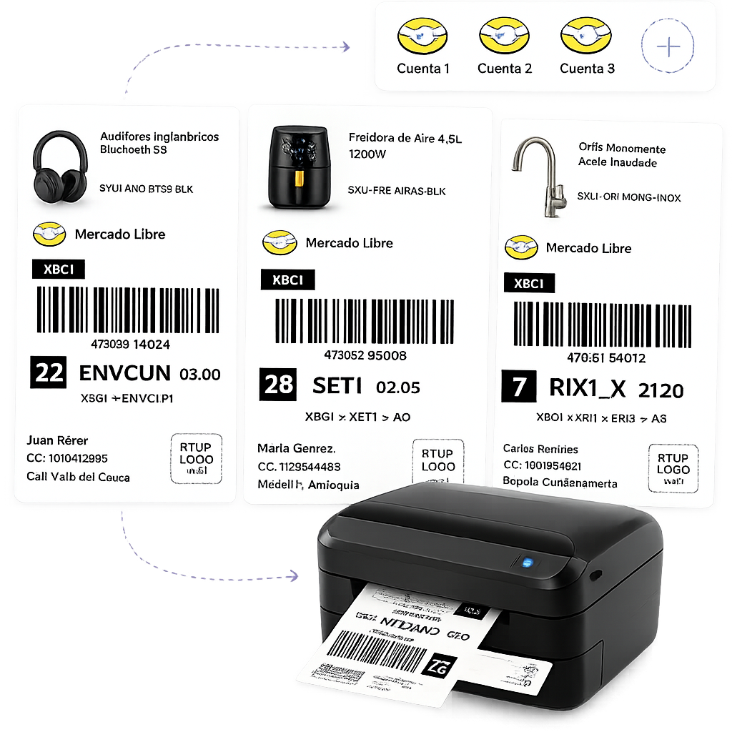 Etiquetas de impresión de Mercado Libre con la imagen del producto.