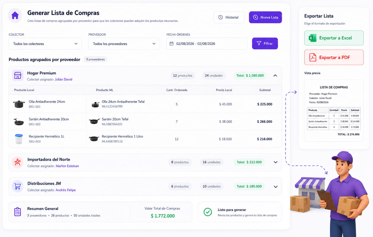 Vista de la página Generar lista de compras agrupada por proveedor.